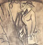 Burghezi la promenadă (Maria Filotti și Nicolae Soreanu) by Iosif Iser, tuş şi laviu pe hârtie lipită pe carton, sold Mar 2018