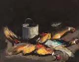 Natură statică cu fazani by Mircea Ciobanu, ulei pe placaj, sold Mar 2018