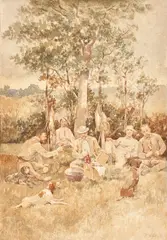 Prânzul vânătorilor by Eugen Ghika Budești, acuarelă pe hârtie liptiă pe carton, sold Mar 2018