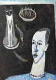 Eugen Craciun, Autoportret cu pisică, 1964, ulei pe carton