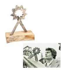 Paul Neagu, Triple Starhead, lot format din sculptură din oțel și fotografia artistului alături de lucrare, provine din colecția familiei artistului, oțel și lemn