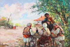 Lăutari by Constion, ulei pe carton, sold Feb 2018