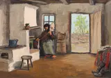 În fața vetrei by Ludovic Bassarab, ulei pe pânză lipită pe carton, sold Feb 2018