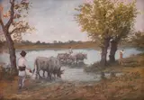 Care cu boi pe malul apei by Ludovic Bassarab, ulei pe pânză lipită pe carton, sold Feb 2018