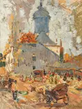 Târgul de duminică by Rudolf Schweitzer–Cumpăna, ulei pe carton, sold Feb 2018