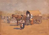La târg by Ludovic Bassarab, acuarelă și creion pe hârtie lipită pe carton, sold Feb 2018