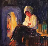 La căldura vetrei by Leon Biju, ulei pe pânză lipită pe carton, sold Feb 2018