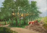 Întoarcerea de la câmp by Ludovic Bassarab, ulei pe carton, sold Feb 2018