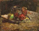 Natură statică cu mere și ulcior by Rudolf Schweitzer–Cumpăna, ulei pe carton, sold Feb 2018
