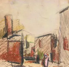 Colț de București by Corneliu Baba, creioane cerate și accente de guașă pe hârtie, offered Feb 2018