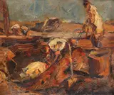 Tăietorii de lemne by Rudolf Schweitzer–Cumpăna, ulei pe carton, sold Feb 2018