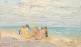 Plajă la Nice by Kimon Loghi, ulei pe carton, sold Feb 2018