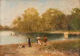 La scăldat by Ludovic Bassarab, ulei pe carton, sold Feb 2018