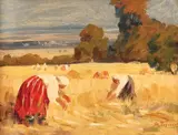 La seceriş by Stefan Popescu, ulei pe lemn, sold Feb 2018