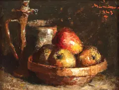 Natură statică cu mere by Ion Mândru, 1943, ulei pe carton, sold Feb 2018