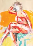 Vasile Grigore, Model pozând, 1989, acuarelă, accente de guașă şi creion pe hârtie lipită pe carton