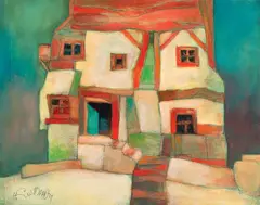 Casă by Harry Guttman, ulei și creion pe pânză, sold Feb 2018