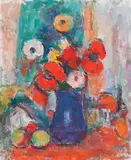 Maci și anemone by Ion Musceleanu, 1993, ulei pe carton, sold Feb 2018