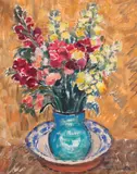 Flori de primăvară by Dumitru Ghiață, ulei și guașă pe carton, sold Feb 2018