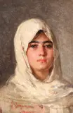Țărăncuță cu năframă albă by Nicolae Grigorescu, ulei pe lemn, sold Feb 2018