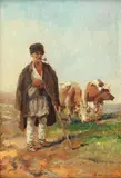 Cu vitele la păscut by Ludovic Bassarab, ulei pe carton, sold Feb 2018