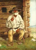 În fața casei by Ludovic Bassarab, ulei pe carton, sold Feb 2018