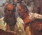 Spovedania țăranului (Compoziție cu autoportretul pictorului) by Octav Băncilă, ulei pe pânză, offered Feb 2018