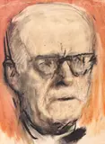 Corneliu Baba, Tudor Arghezi, cărbune, acuarelă și creioane cerate pe hârtie