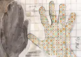 Paul Neagu, Human Hand, 1973, acuarelă, cărbune și creion pe hârtie lipitiă pe carton