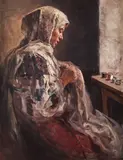 Ţărăncuţă cusând by Nicolae Vermont, 1929, ulei pe pânză, sold Dec 2017