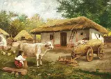 Țărăncuță în gospodărie by Ludovic Bassarab, ulei pe carton, sold Dec 2017