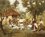 Petrecere câmpenească by Ludovic Bassarab, ulei pe carton, sold Dec 2017