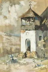 Aurel Băeșu, Clopotniță lângă Iași, 1918, acuarelă și guașă pe hârtie lipită pe carton