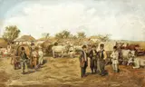 Negociere la târgul de duminică by Ludovic Bassarab, ulei pe carton, sold Dec 2017