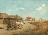 Strânsul fânului by Ludovic Bassarab, ulei pe carton, sold Dec 2017