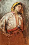 Țărancă cu basma galbenă by Nicolae Vermont, ulei pe carton, sold Dec 2017