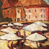Piața Mică din Sibiu by Rudolf Schweitzer–Cumpăna, ulei pe carton, sold Dec 2017