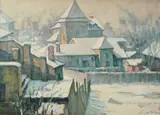 Iarnă la Sibiu by Constantin Isachie Popescu, ulei pe carton subțire, sold Dec 2017