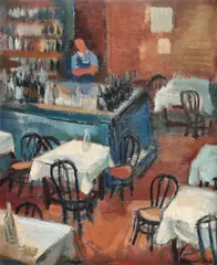 În așteptarea clientelei by Aurel Jiquidi, 1958, ulei pe pânză lipită pe carton, sold Dec 2017