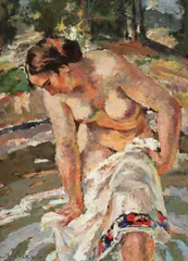 La scăldat by Nicolae Enea, ulei pe carton, sold Dec 2017