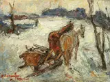 Iarna la ţară by Rudolf Schweitzer–Cumpăna, ulei pe carton, sold Dec 2017