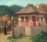 Casă de maici la Agapia by Alexandru Poitevin Scheletti, ulei pe carton, sold Dec 2017