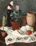 Ștefan Constantinescu, Natură statică cu ștergare și vase de pământ, ulei pe pânză