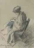 Gheorghe Petrașcu, Cusătoreasă, 1933, cărbune și pastel pe hârtie lipită pe carton