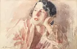 Pe gânduri by Nicolae Vermont, acuarelă pe hârtie lipită pe carton, sold Nov 2017