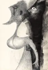 Îmbrățișare by Jules Perahim, 1963, pix negru și tuș pe hârtie lipită pe carton, sold Nov 2017