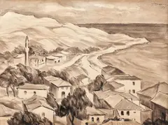 Vedere din Balcic by Dan Ialomiţeanu, 1931, tuș și laviu pe hârtie, sold Nov 2017