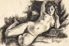 Bună dimineața! by Ion Panteli Stanciu, 1947, cărbune pe hârtie lipită pe carton, sold Nov 2017