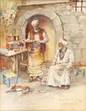 Józef Pankiewicz, Cafea la nisip, 1913, acuarelă pe hârtie lipită pe carton