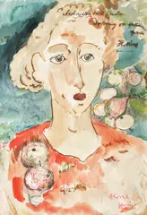 Bluza roșie by Viorel Huși, acuarelă și peniță pe hârtie, sold Nov 2017